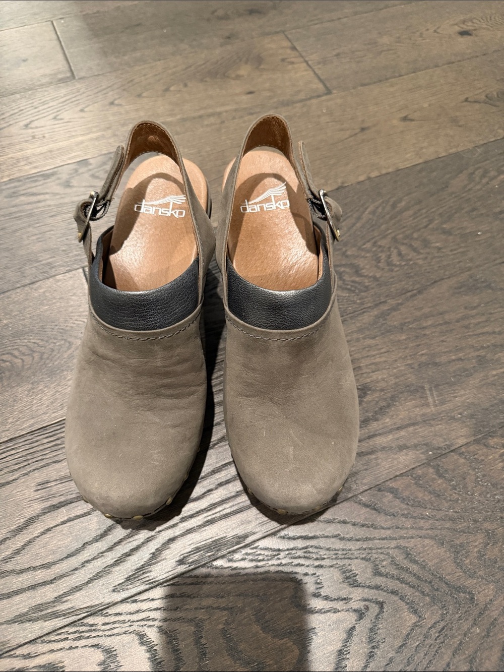 Dansko Taupe Suede Slingback Clogs with Black Collar